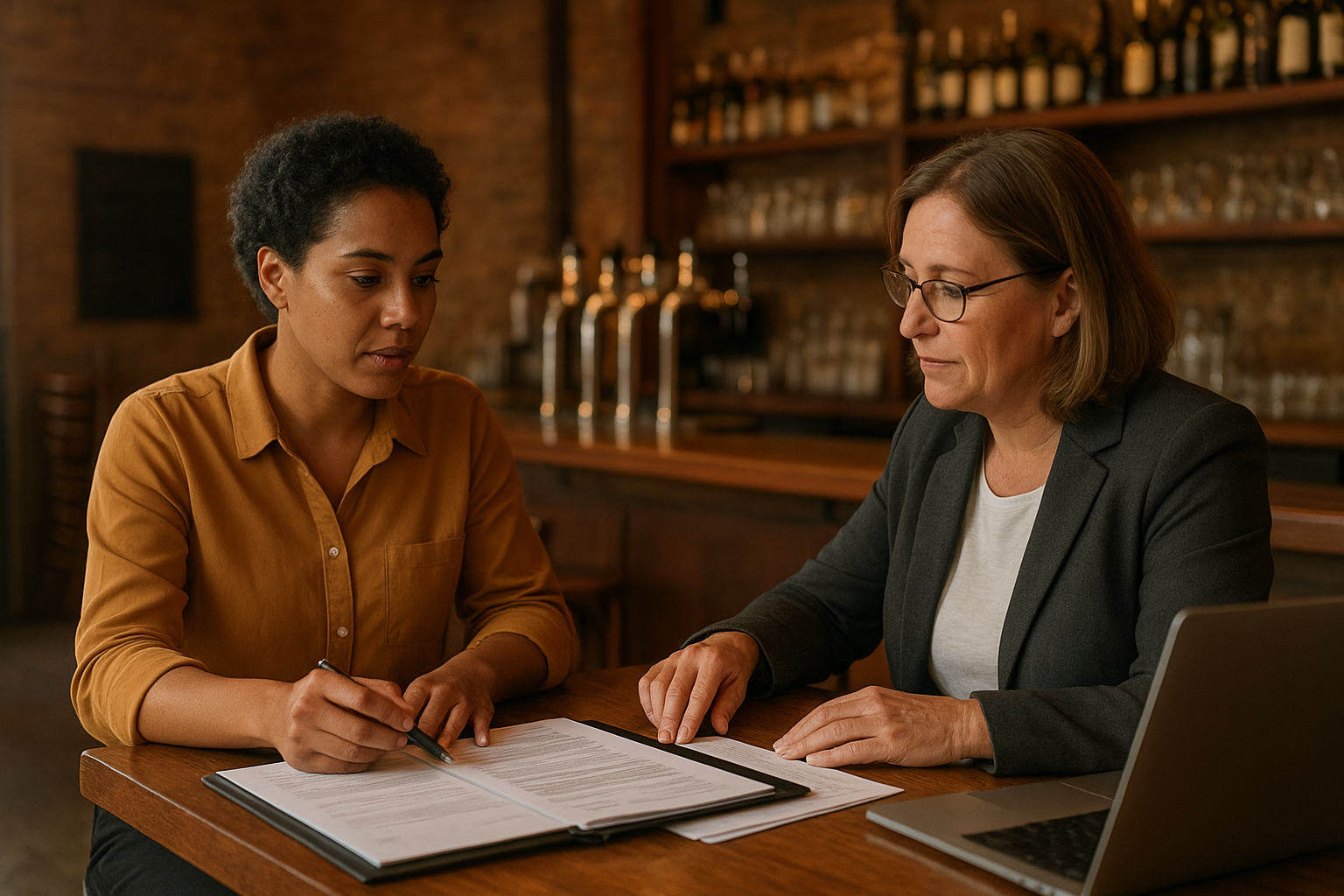 Deux professionnels du CHR dans un bar-brasserie en préparation d’ouverture, vérifiant un dossier de conformité et une checklist liée au permis d’exploitation.