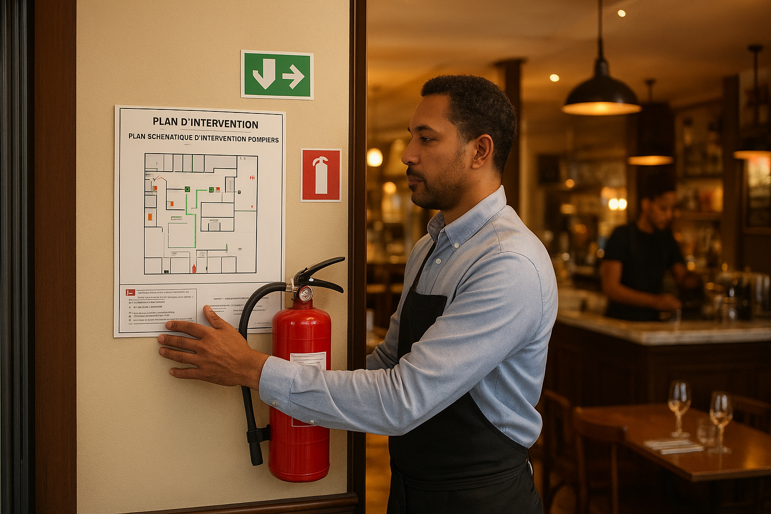 Gérant de restaurant français vérifiant le plan d’intervention incendie affiché à l’entrée d’un ERP, avec extincteur visible, ambiance bar-restaurant professionnelle.