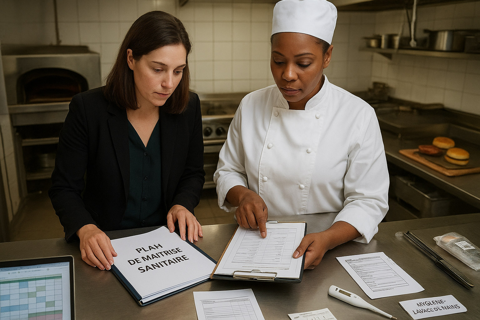 Deux professionnels en cuisine de restaurant en France préparant l’ouverture d’un concept (pizza, burger, sushi) avec checklist hygiène, traçabilité et documents réglementaires